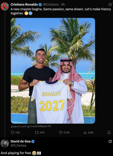 Cristiano Ronaldo thông báo gia hạn hợp đồng, De Gea đùa: “Chơi miễn phí à?”