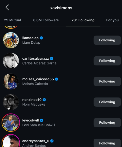 Gợi ý bến đỗ mới? Xavi Simons theo dõi hàng loạt cầu thủ Chelsea trên mạng xã hội